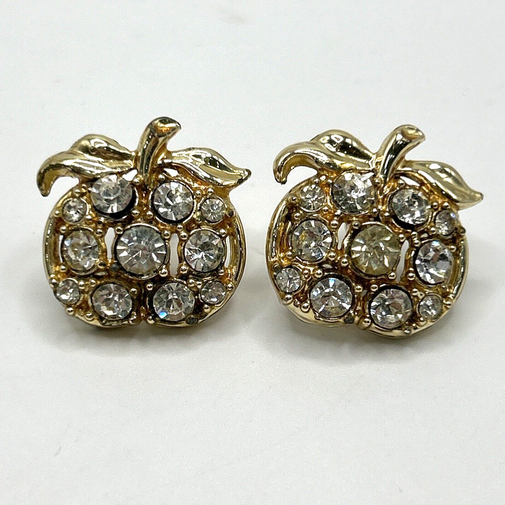 Vintage Costume Earrings Apple‎ Design Rhinestone Gold tone Screw back